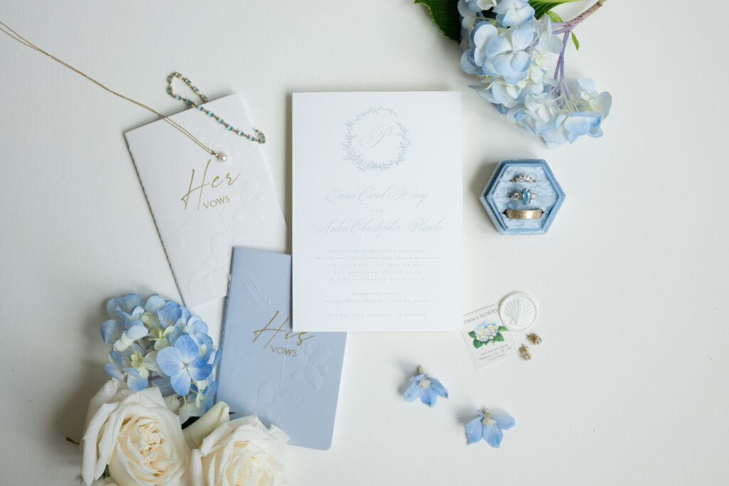 Gorgeous blue and white 30a wedding stationary and invitation